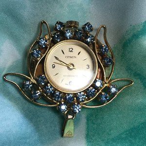 Vintage Gold Tone Pendent Watch With Pastel Blue Rhinestones